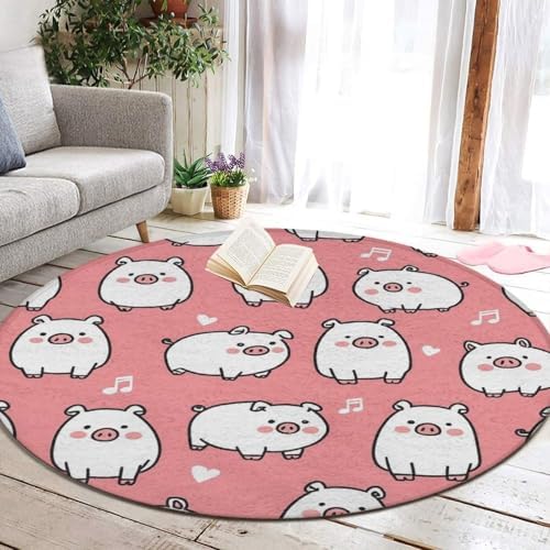 Fashion Round Area Rug Large Non Slip Carpet, Cute Pink Pig Unisex Home Decor Mat