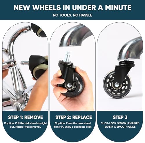 2.5 Inch Office Chair Wheels Set of 5, Replacement Casters for Hardwood Floors, Carpet & Tile - Universal Fit, Quiet & Safe Rolling, Easy to Install for Most Office and Gaming Chairs