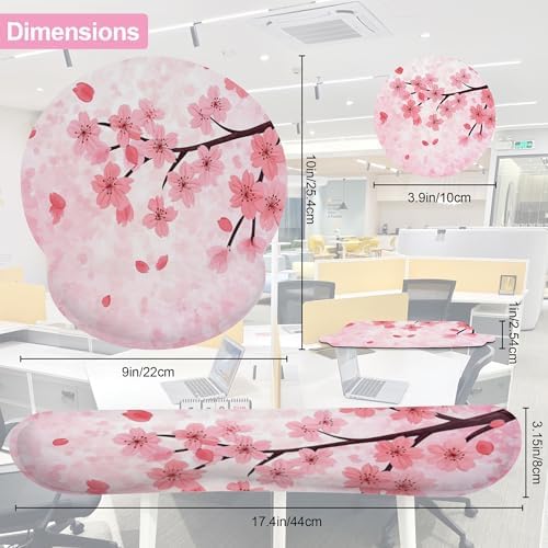 Cherry Blossom Pink Flower Mouse Pad with Wrist Rest Set, 3-in-1 Wrist Support Mousepad Set, Gaming Mat Pad with Anti-Skid Base,Ergonomic Memory Foam Mouse Pad Set for Women, Office, Typing, Gaming