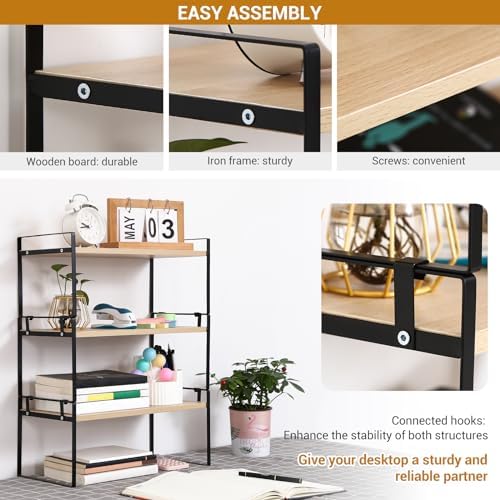 YGYQZ Desk Shelf Organizer for Top of Desk, 3-Tier Desktop Bookshelf, Black & Wood
