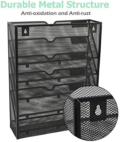 EASEPRES Desk File Organizer Mesh 6-Tier, Hanging Wall Mount Document Organization Stand, Desktop Vertical Mail Paper Folder Holder Rack with Bottom Tray for Office Home Cubicle, Sides Closed, Black