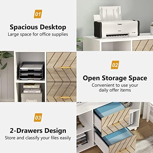 Tribesigns 2 Drawer File Cabinet, Large Mobile Lateral Filing Cabinet for Letter Size, Printer Stand with Storage Shelves and Rolling Wheels for Home Office (White)