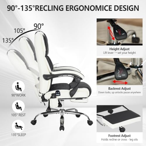 Massage Office Chair with Heat & Footrest,Heated Comfy Reclining Desk Chair with Vibration,Executive Big and Tall Chairs for Heavy People,Adjustable Height Black Black-White