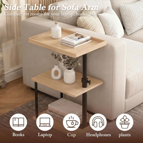 Faesun C Table End Table Adjustable Height, 360°Swivel TV Tray Table for Small Spaces, Small Nightstand for Living Room, Bedroom, Oak