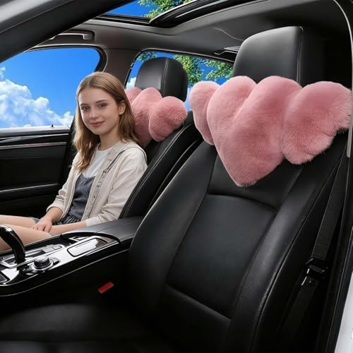 2 Pack Heart Shaped Plush Car Neck Pillows, Soft Car Headrest Cushion for Driving Travel Office Chair, Cute Cars Interior Decor Accessories for Women Girls(Peach)