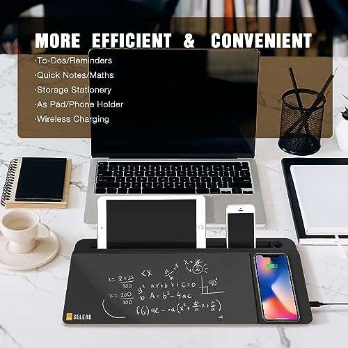 SELEAD Desktop Glass Whiteboard with Wireless Charger and Storage, Black