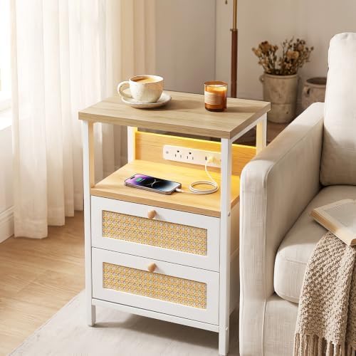 Fixwal Night Stand with Charging Station, Led Nightstand, 2 Fabric Drawers