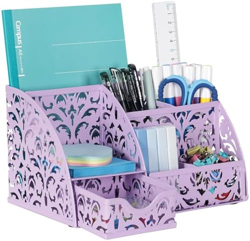 EasyPAG Pen Holder Desk Organizer with Drawer Pencil Cup for Desk 6 Compartments Metal Office Caddy Storage with Sticky Notes Holder for School Home Office, Purple