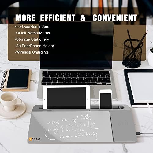 SELEAD Desktop Glass Whiteboard with Wireless Charger and Storage, Gray
