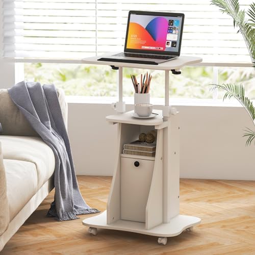 Tangkula Mobile Laptop Podium, Height Adjustable Sit to Stand Desk with Tilting Desktop & Storage Cabinet, Ergonomic Rolling Lectern Cart Laptop Desk, Office Podium Stand on Wheels