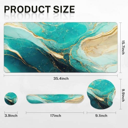Britimes Keyboard Mouse Pad Set, 4 in 1 Desk Mat Set, Marble Green