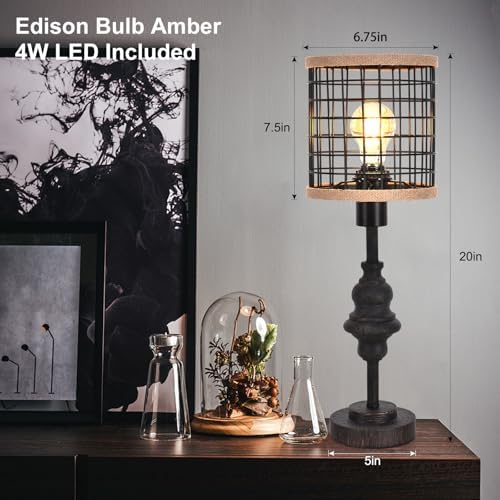 Black Industrial Metal Mesh Table Lamp, 20" Tall Farmhouse Bedside Lamp with Burlap Trim, 5ft Brown Cord & Rotary Switch, E26 Bakelite Socket for Bedroom Living Room