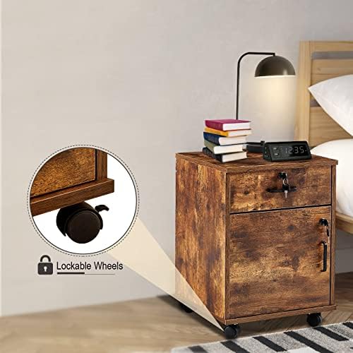 OFCASA File Cabinet with Lock, Small Rolling Filing Cabinets for Home Office, 1-Drawer Wood Under Desk File Cabinet with Wheels, Mobile Storage Organizer/Printer Stand for Letter/Legal, Rustic Brown