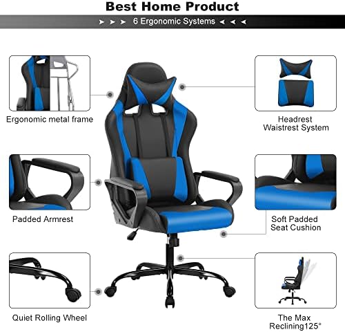 Ergonomic Gaming Chair, High Back PU Leather Office Chair with Adjustable Lumbar Support & Headrest – Swivel Computer Desk Chair for Adults, Teens, Kids – Heavy Duty Executive Red Game Chair - Blue