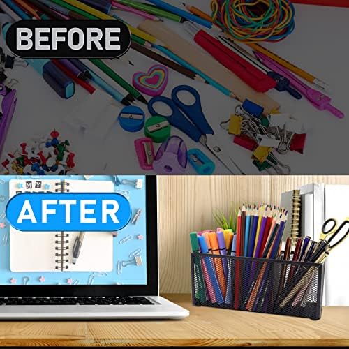 2PCS Black Mesh Pen Pencil Holder, Small Metal Desk Organizer Desktop Stationery Office Supplies Acessories Storage Stand, 3 Compartments Brushes Holder for Home School Classroom Teachers