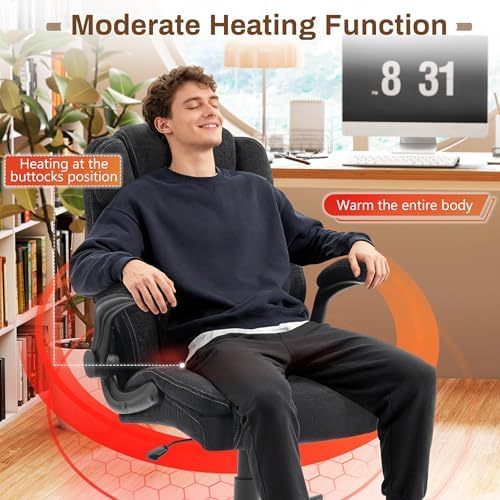 Massage Office Chair,500LBS Ergonomic Rocking Executive Desk Chairs with 4 Points Vibration&Heat,Padded Flipup Armrests for Big and Tall Office Chair,Swivel Computer Chair LightBlack