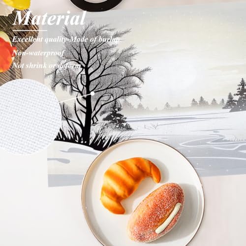 Shrahala Winter Landscape Set of 6 12 X 18 Inch Linen Placemats, Grey and White Snow Fields Burlap Table Mat Washable Double Layered Heat Insulation for Indoor