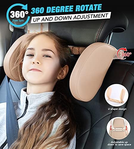 JZCreater Car Headrest Pillow, 180°Adjustable Car Headrest, Head Neck Support Pillow, U- Shaped Design, Travel Sleeping Car Headrest, fit for Car Seat with Bar，Ideal for Kids and Adults (Beige)