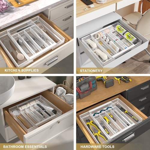 Sedegn Expandable Kitchen Utensil Organizer - 9.6" to 16.1" Adjustable Cutlery Tray with 5-7 Compartments - Fits Various Drawer Sizes & Holds Large Ladles Spatulas Forks Spoons & Knives White