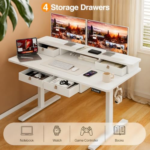 Grandder Electric Standing Desk with Four Drawers, Sit to Stand Up Height Adjustable Desk with Storage Shelf for Home Office, 47 * 28 Inch, Study, Ergonomic Adjustable Computer Desk, White