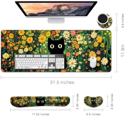 Desk Mat, Large Gaming Mouse Pad with Wrist Rest, 4 in1 XXL Mouse pad+Keyboard Wrist Rest+Mouse Pad Wrist Support+Cup Coaster Set, Ergonomic Desk Pad for Home Office,Floral Cat