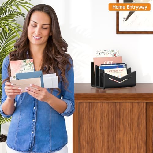 Beego Envelope and Mail Organizer Countertop - 3 Compartments Black Acrylic Desk Organizer Letter Holder Desktop File Sorter Bill Document Folder Rack for Office, Home, School Desk Organization