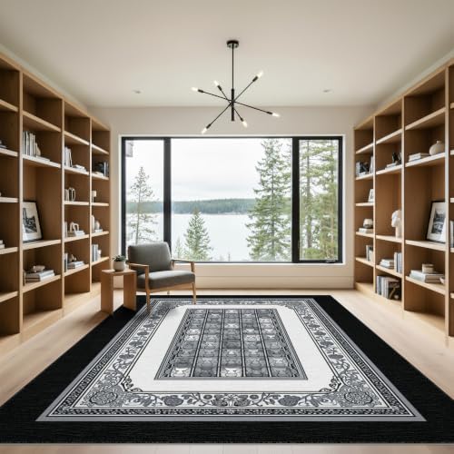 9'x12' Charcoal Gray Cat Motif with Vine Border Washable Area Rug