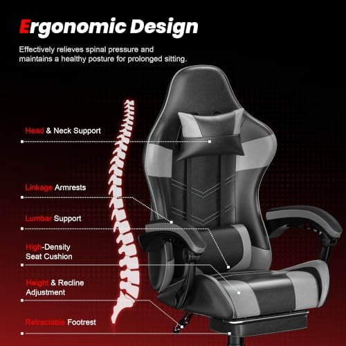 Gaming Chair with Footrest, Ergonomic Video Game Chair for Adults, Grey
