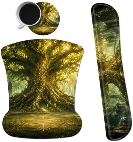 3-in-1 Ergonomic Memory Foam Keyboard Wrist Rest Pad Set, Forest Trees