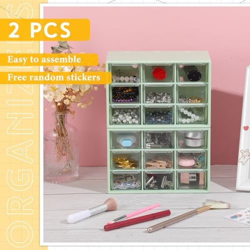 Wenqik 2 Pcs Mini Storage Drawers with 9 Clear Drawers, Green