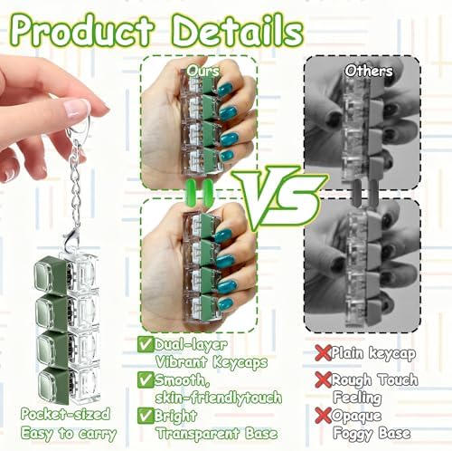 2 PCS Keyboard Fidget Toy, Double Layer Keycap Keyboard Fidget Keychain 4-in-1 Keyboard Decompression Button Finger Clicker Toys, Portable Tactile Button Sensory Fidget Toys Stress Relief Gifts（Green）