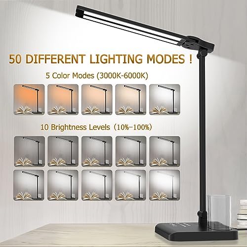 Dimmable LED Desk Lamp with USB Charging Port, 50 Lighting Modes Dual Swing Arm Architect Table Lamp Light Desk Lamp for Home Office Dorm Piano Nail