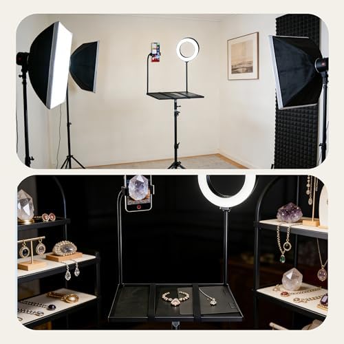 Rolling Laptop Tripod Stand with Wheels, Adjustable Height 29–55 Inch Projector Tripod Stand, Portable Laptop Floor Holder with 6" LED Ring Light and Phone Holder