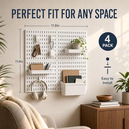 AKTOP Plastic Peg Board Wall Organizer 4-Pack, 12"x12" Pegboard Kit, White
