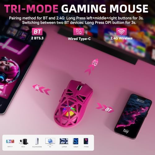 Aula SC620 Wireless Gaming Mouse, Tri-Mode 2.4GHz/USB-C/BT5.3 Computer Mouse with 12000 DPI, Programmable Macro Gamer Mouse with Rapid Fire Key, RGB Light Gaming Mice for PC/Laptop/Mac(Hot Pink)