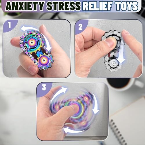 Metal Fidget Spinner Toys for Teens Boys Adults Bike Chain Roller Gadgets ADHD Figette Anxiety Stress Relief Items Quiet Figet Desk Offices EDC Men Easter Basket Stuffer - Rainbow+Black