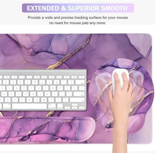 4-in-1 Gaming Mouse Pad Wrist Support Set，Desk Pad + Mouse Pad with Wrist Rest + Keyboard Wrist Rest + Coaster, Ergonomic Design for Home Office Study Game - Purple