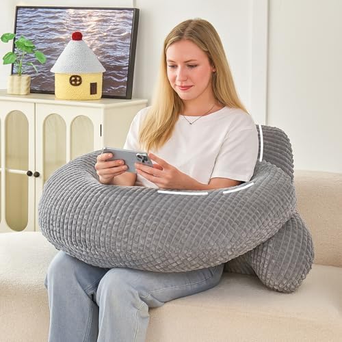 19" Reading Pillow for Bed,U Shaped Arm & Elbow Support,Gray Flannel