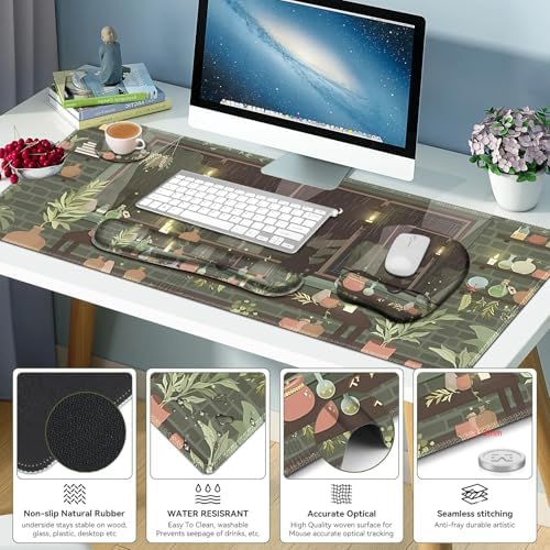 Aesthetics Large Mouse Pad with Wrist Support 4 in1 Set, XXL Big Game Mousepad + Keyboard Wrist Rest + Mouse Wrist Rest Pad +Coaster Gaming Mat for Home Office Computer I Green Plants and Black Cat