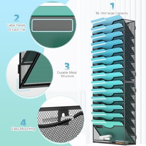 Gawerk 15-Tier Wall File Organizer Hanging Wall File Holder Wall Mount Paper Folder Organize, Mesh Magazine Document Mail Organizer Wall Organizer for Office School Home, Black