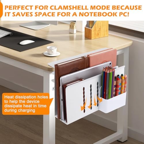 Desk Side Storage, 2 Tier Steel Hanging Organizer, No Drill Side Desk Organizer, Laptop Holder, with Pen Holder, For Office Supplies & Studio Essentials