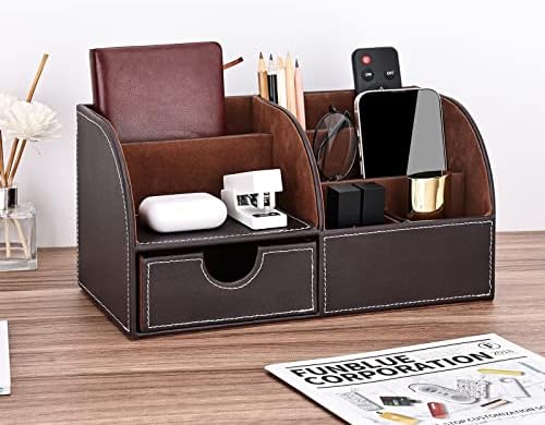 KINGFOM Pu Leather Desk Organizer Pen Pencil Holder Office Supplies Caddy Storage Box 6 Compartments with Drawer Brown