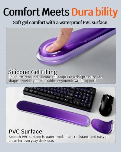 Clear Gel Keyboard Wrist Rest with Mouse Pad Wrist Support, Ergonomic Wrist Rest for Computer Keyboard and Mouse, Non-Slip Cooling Keyboard Pad for Office, Gaming & Laptop (Purple)