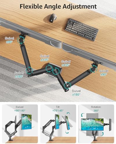 MOUNT PRO Dual Monitor Desk Mount, Pneumatic Monitor Arms for 2 Monitors Max 39 Inches, Adjustable Dual Computer Monitor Stand Each Arm Holds up to 26.5lbs, VESA Mount with C Clamp & Grommet Base