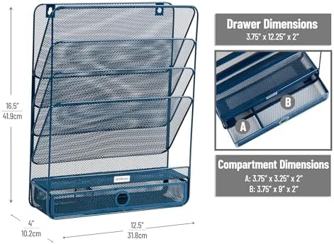Mind Reader 4-Tier Vertical File Storage, Desktop Organizer, Wall Mount, Office, Metal Mesh, 12.5"L x 4"W x 16.5"H, Turquoise