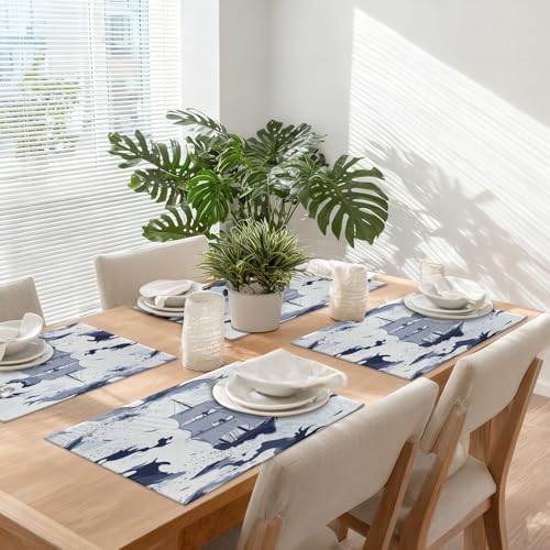 Sailing Ship Maritime Linen Placemats, Ocean Waves Nautical Table Mats for Table Washable Heat Insulation Thick Dining Mat, Indoor/Outdoor 12X18 in 8 Pcs