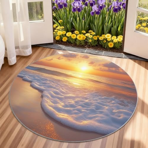 Coastal Round Area Rug - 3.3ft Ocean Theme Round Rug for Kitchen, Marine Landscape Circle Rugs Washable Soft Non-Slip Carpet for Bathroom Kitchen Decor Mat