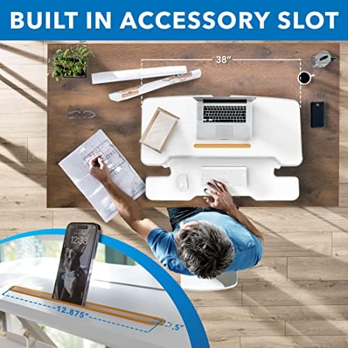 Mount-It! Standing Desk Converter White 38” Wide Height Adjustable Stand Up Desk Riser, Desk Topper with Gas Spring, Desktop Standing Desk with Keyboard Tray Fits Two Monitors