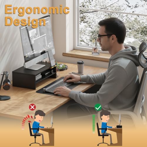 TEAMIX 2 Tiers Wood Monitor Stand Riser with Phone Holder & Side Pen Holder