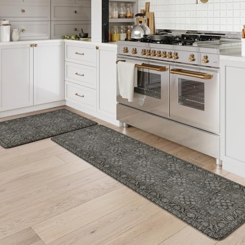 KIMODE Anti Fatigue Kitchen Mats,Boho Vintage Kitchen Floor Mats Green Grey